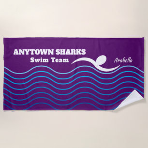 Swimmer and Water Waves Purple Swim Team Beach Towel