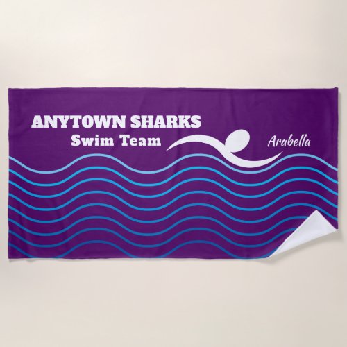 Swimmer and Water Waves  Purple Swim Team Beach Towel