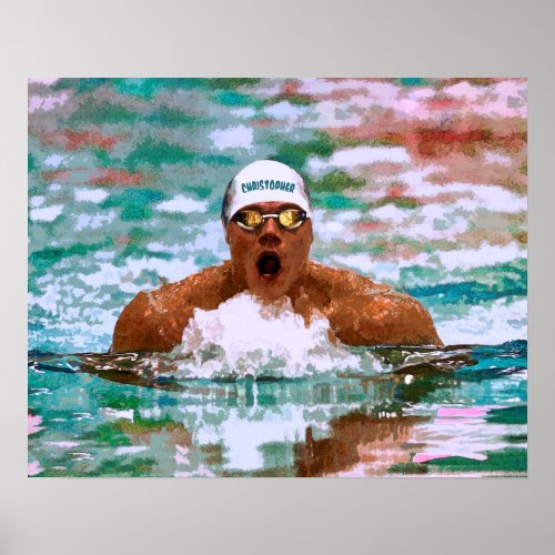 Swimmer Athlete In Pool With Water Drops Painting Poster