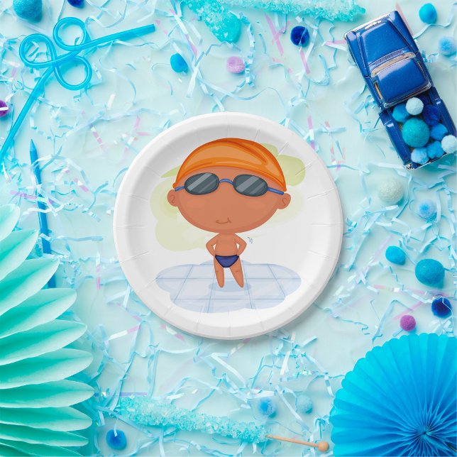 Swimmer Boy in Goggles and Swim Cap Paper Plates (Creator Uploaded)