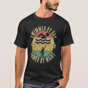 Swimmer By Day Gamer By Night Swimming   Swim Gami T-Shirt