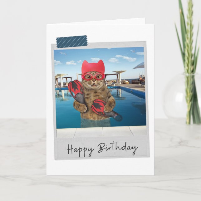 Swimmer Cat Funny Birthday Card (Front)