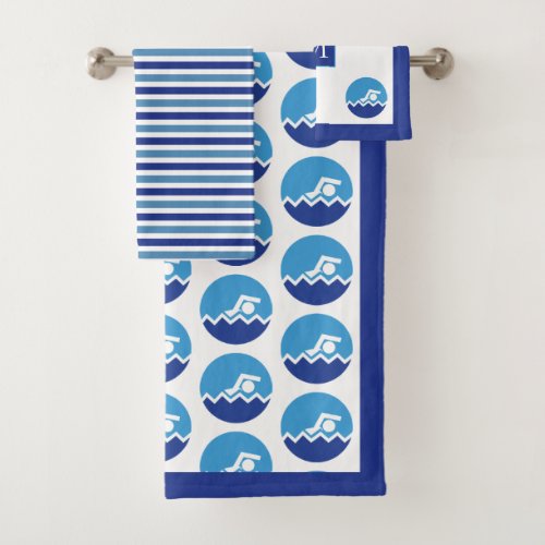 Swimmer icon blue stripes and monogram swimming bath towel set