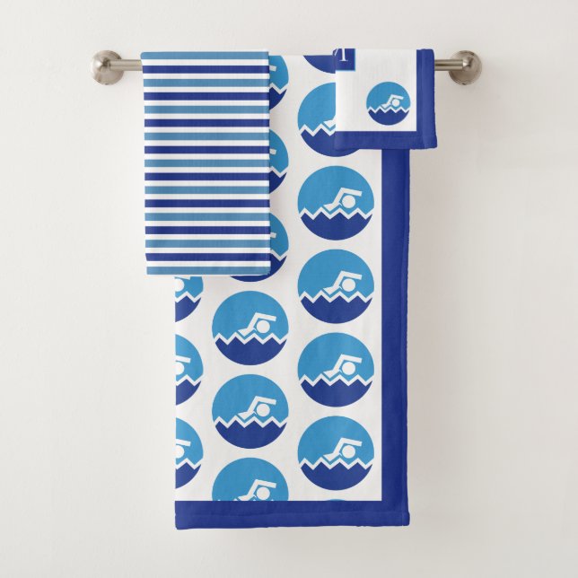 Swimmer icon, blue stripes and monogram swimming bath towel set (Insitu)