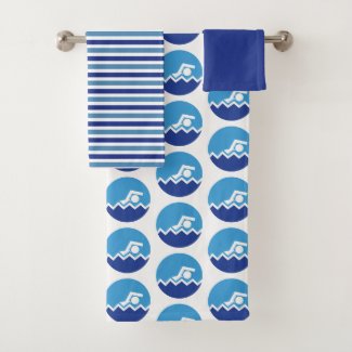 Swimmer pictogram icon, blue stripes swimming bath towel set