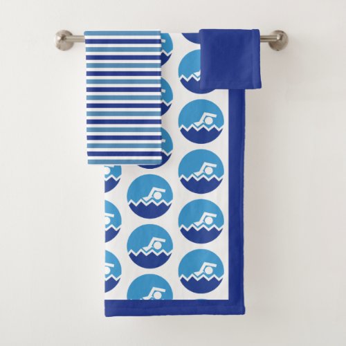 Swimmer pictogram icon blue stripes swimming bath towel set