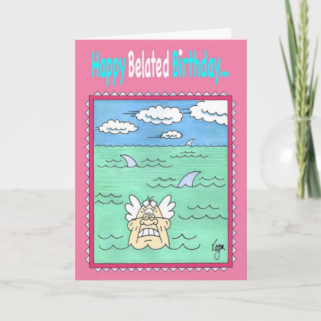 SWIMMER WITH SHARKS Belated Birthday Card (Front)