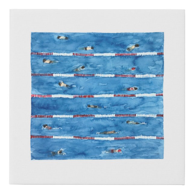 Swimmers during warm ups watercolor faux canvas print (Front)