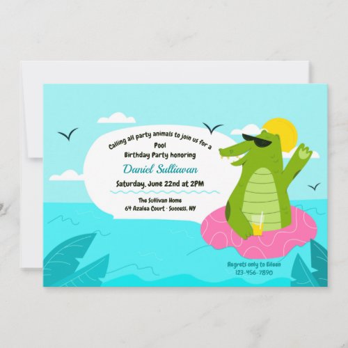 Swimming Alligator Birthday Party Invitation