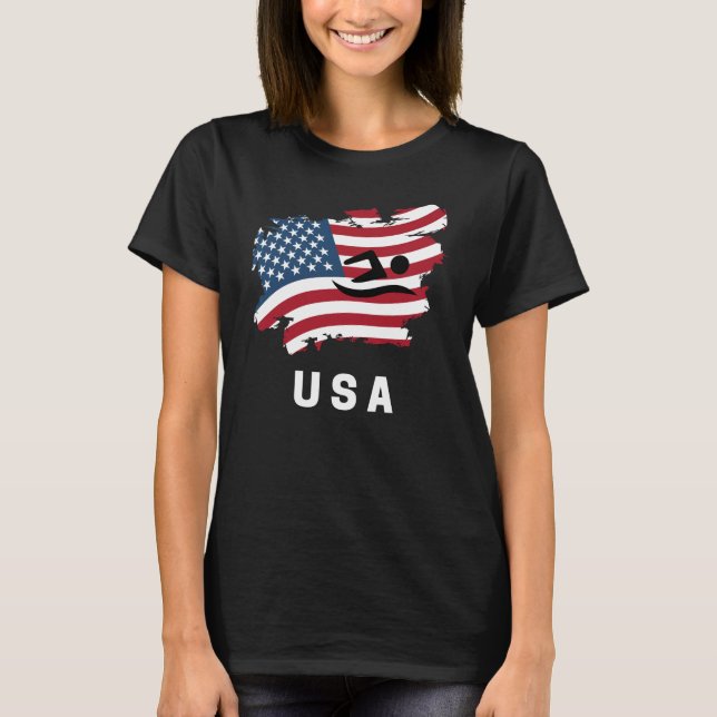 Swimming American USA Flag T-Shirt (Front)