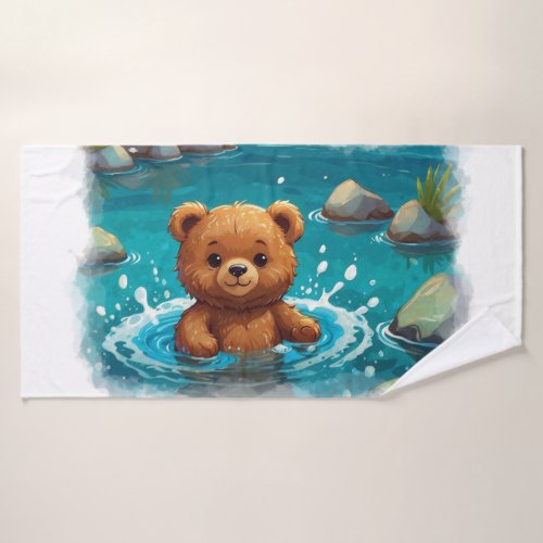 Swimming Baby Teddy Bear Cartoon Design for Kids Bath Towel