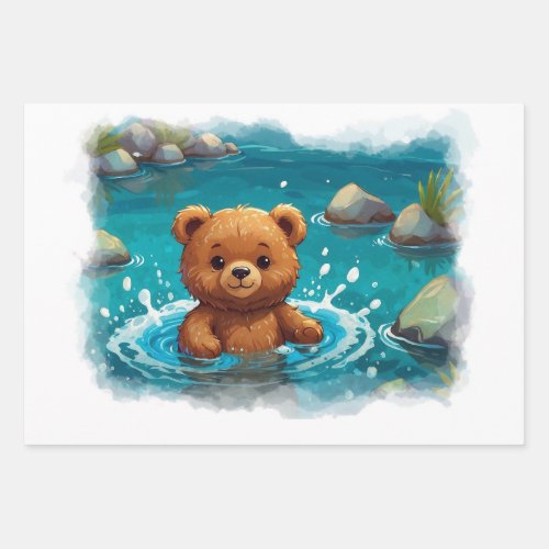 Swimming Baby Teddy Bear Cartoon Design for Kids Wrapping Paper Sheets