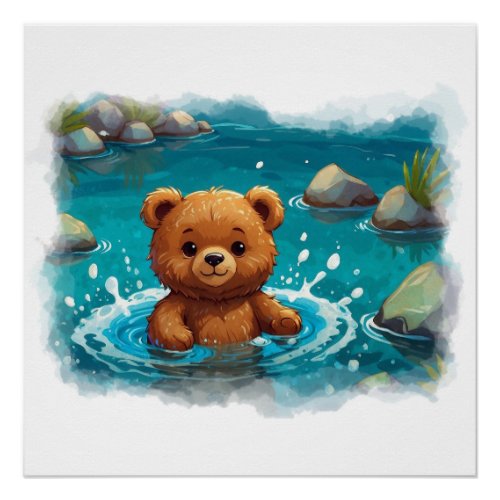 Swimming Baby Teddy Bear Cartoon Poster