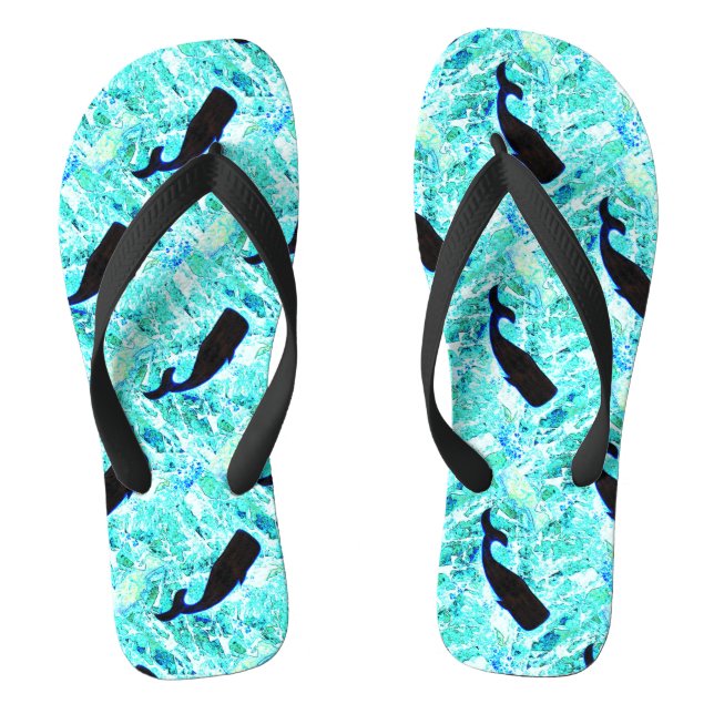 swimming black whales blue Thunder_Cove Flip Flops (Footbed)