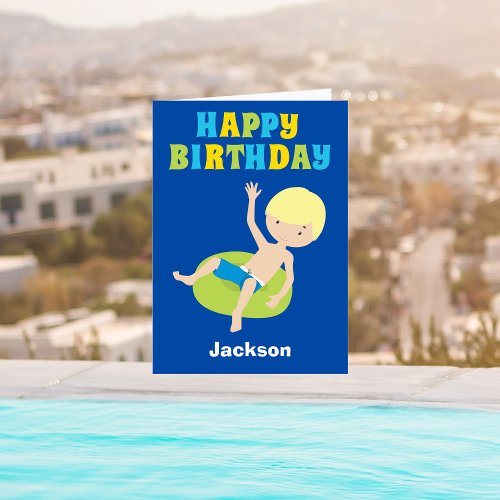 Swimming Blond Boy Custom Kids Happy Birthday Card