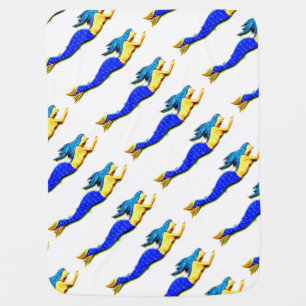 swimming blue mermaids white baby blanket
