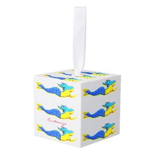 swimming blue-tail mermaids white cube ornament
