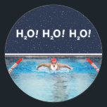 Swimming Christmas Classic Round Sticker<br><div class="desc">Funny Swimming Christmas holiday gift stickers,  party favor labels and envelope seals for lap swimmer,  lifeguard or swim team coach featuring Santa Claus design and funny H2O line.</div>