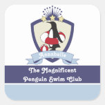 Swimming Club Crest Cute Cartoon Penguin Kids Name Square Sticker
