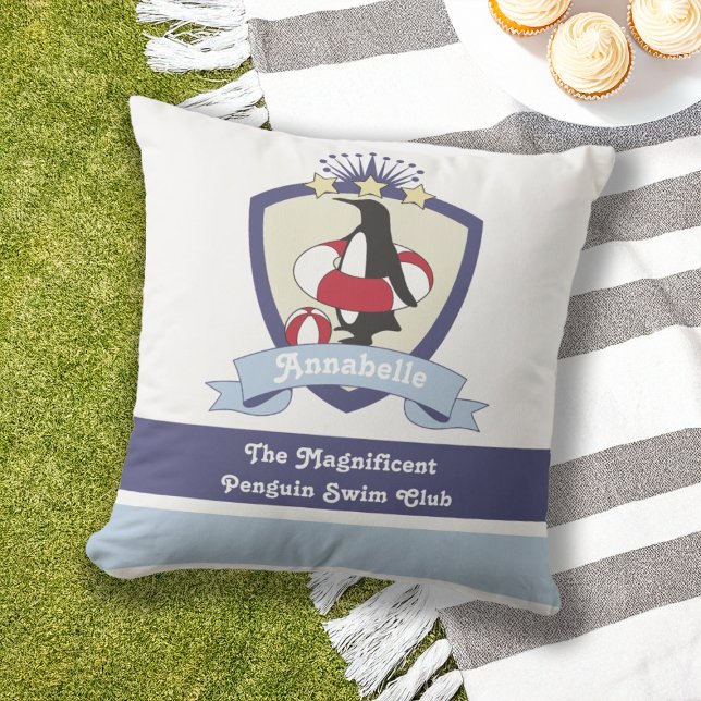 Swimming Club Crest Cute Cartoon Penguin Kids Outdoor Pillow (Creator Uploaded)