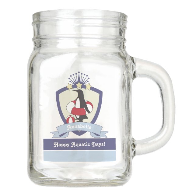 Swimming Club Crest Cute Cartoon Penguin Mason Jar (Front)