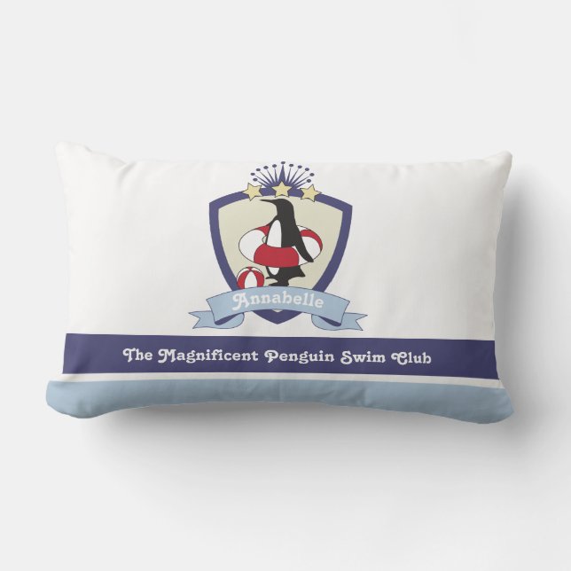 Swimming Club Crest Cute Penguin Kids Name Lumbar Pillow (Front)