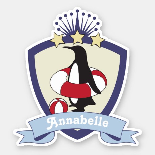 Swimming Club Crest Cute Penguin Kids Name Sticker