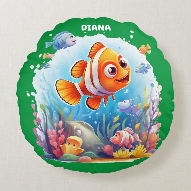 SWIMMING COLORFUL FISHES FOR KIDS ROUND PILLOW (Front)