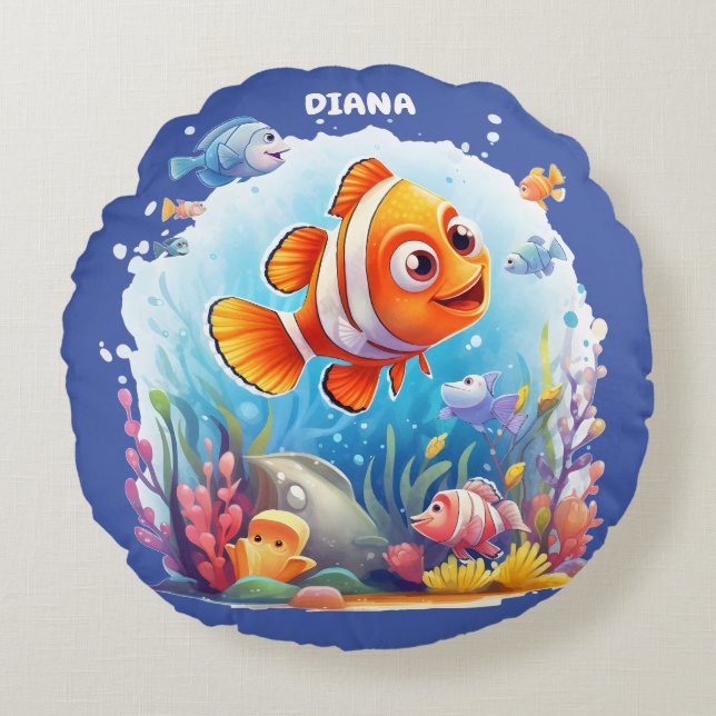 SWIMMING COLORFUL FISHES FOR KIDS ROUND PILLOW (Front)