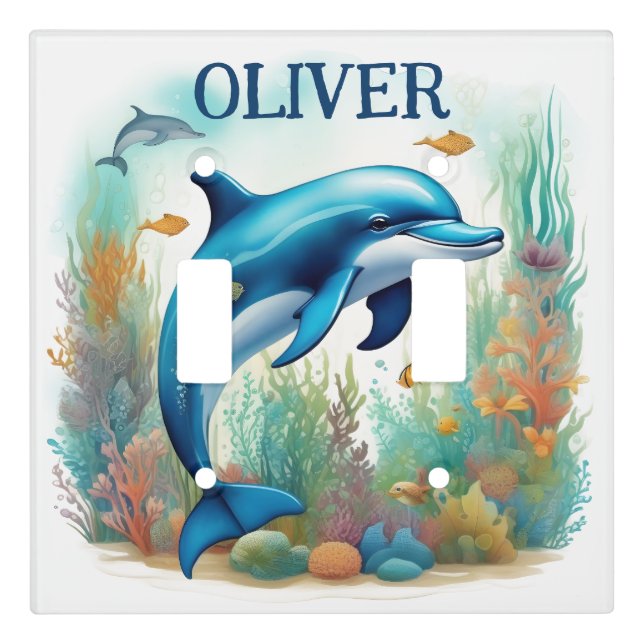Swimming Cute Dolphin Watercolor Personalized Light Switch Cover (Front)