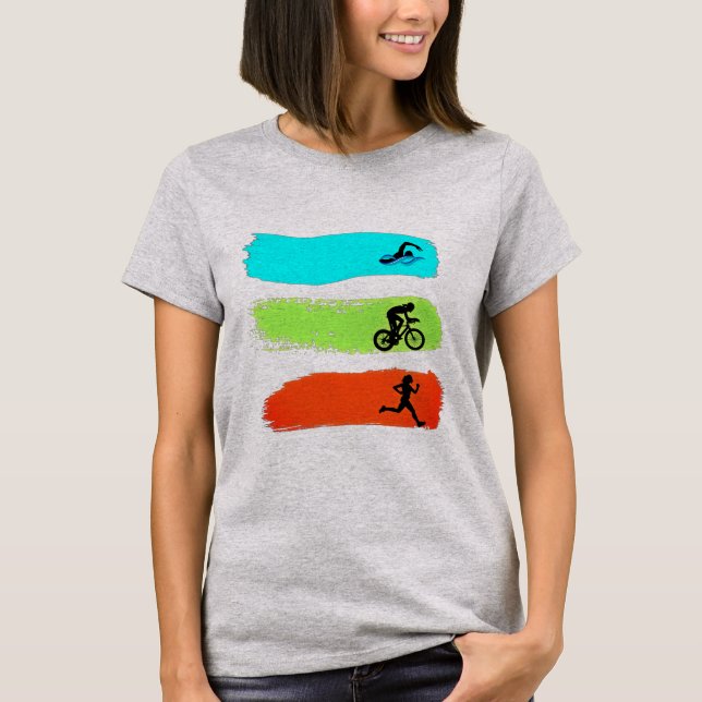 Swimming, Cycling and Running. Triathlon T-Shirt (Front)