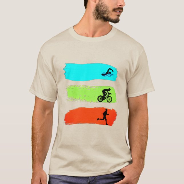 Swimming, Cycling and Running. Triathlon T-Shirt (Front)