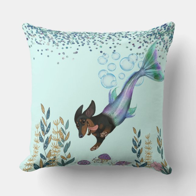 Swimming Dachshund Mermaid Tail Throw Pillow (Front)