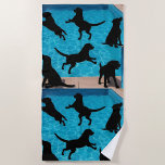Swimming Dogs Beach Towel<br><div class="desc">Silhouetted dogs playfully leaping and splashing in a bright blue swimming pool.</div>