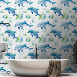 Swimming dolphins blue green on white Wallpaper Wallpaper