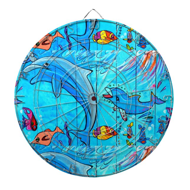 swimming dolphins dartboard with darts (Front)