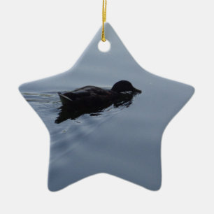 Swimming Duck in Lake, Nature Bird Wildlife Blue Ceramic Ornament