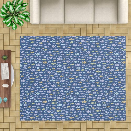 Swimming Fish Nautical Beach Sea Life Pattern Blue Rug