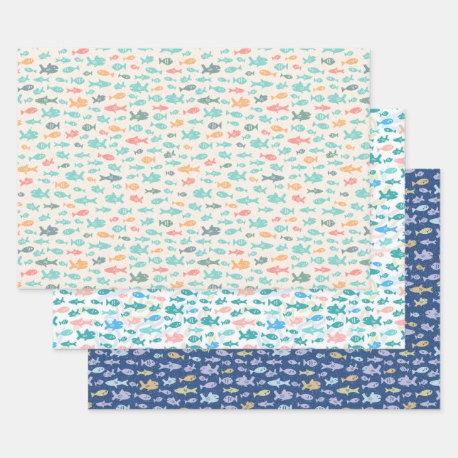 Swimming Fish Nautical Beach Sea Life Patterns Wrapping Paper Sheets (Set)