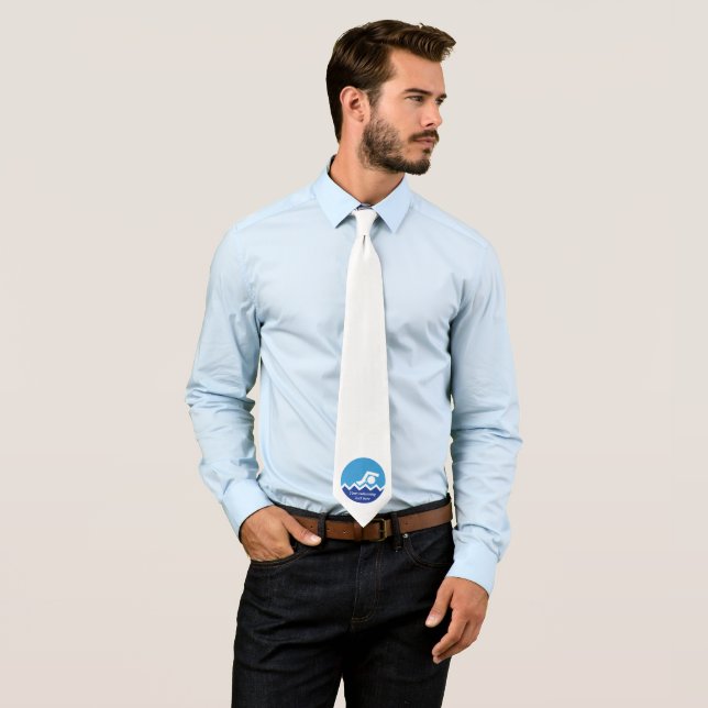 Swimming gifts swimmer on a blue circle custom tie (In Situ)