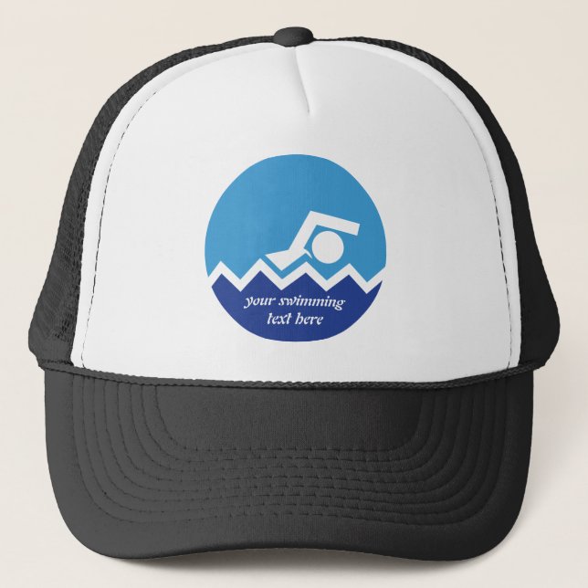 Swimming gifts, swimmer on a blue circle custom trucker hat (Front)