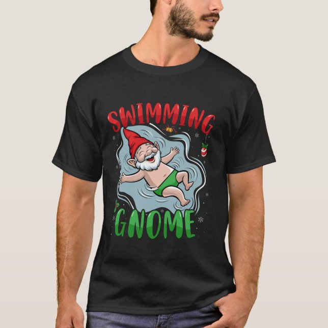 Swimming Gnome Swimmer Pool Xmas Holiday Christmas T-Shirt (Front)