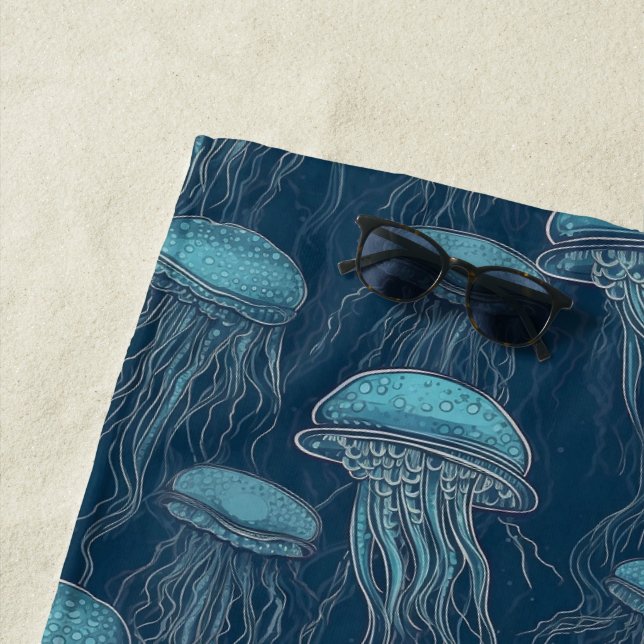 Swimming jellyfish in a deep blue ocean beach towel (In Situ)