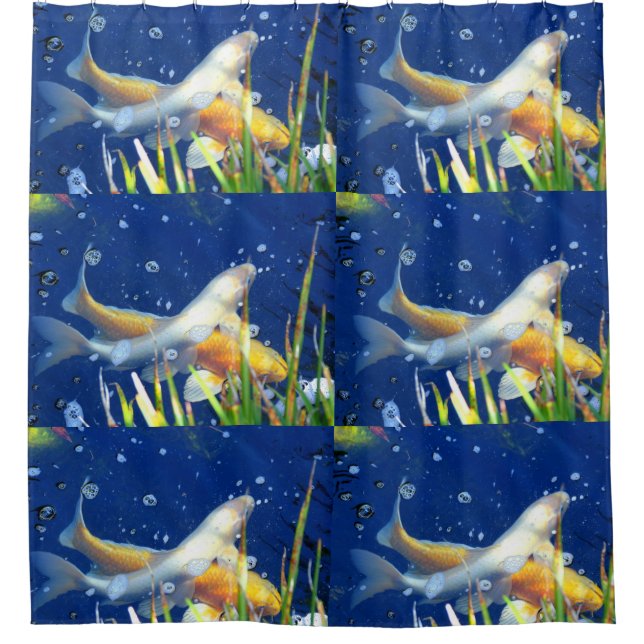 swimming koi on blue shower curtain (Front)