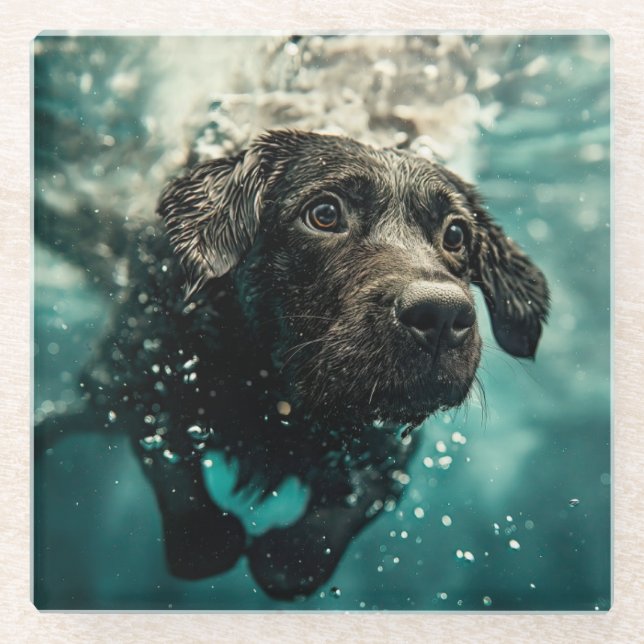 Swimming Labrador Puppy Underwater Design Glass Coaster (Front)