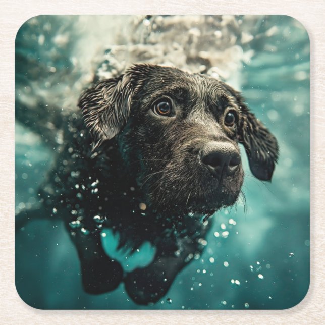 Swimming Labrador Puppy Underwater Design Square Paper Coaster (Front)