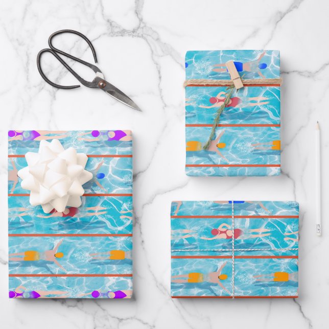 Swimming Laps Pool Swim Team Pattern Wrapping Paper Sheets (Front)