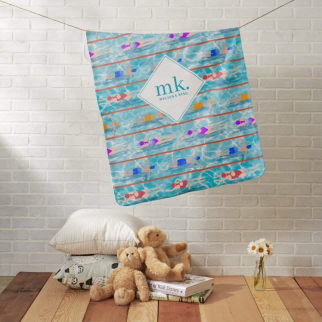 Swimming Laps Water Swim Team Pattern Monogram Baby Blanket (In Situ)