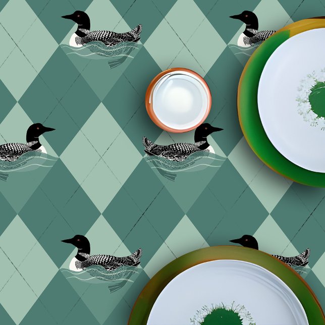 Swimming Loon Birds Green Argyle Lake Cabin Decor Tablecloth (Lake cabin Loon pattern green argyle tablecloth)