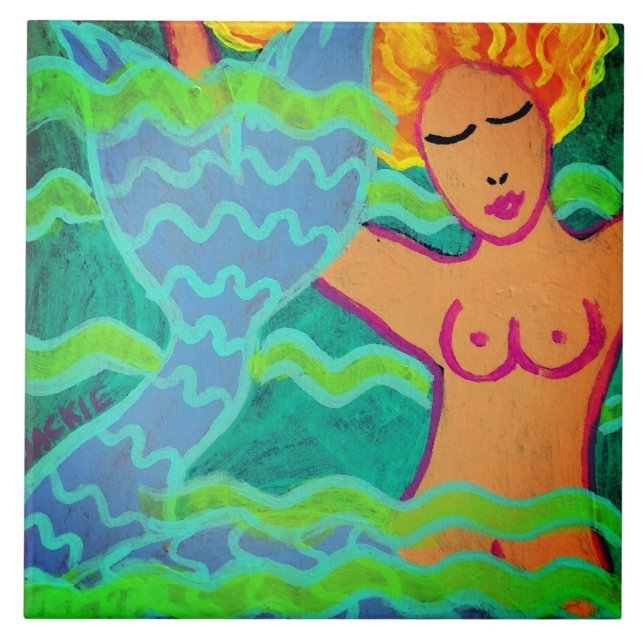 Swimming Mermaid Abstract Painting Ceramic Tile (Front)